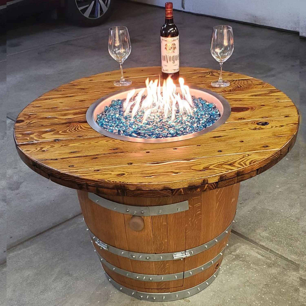 Wine barrel propane fire pit made with our 19" round drop-in burner pan