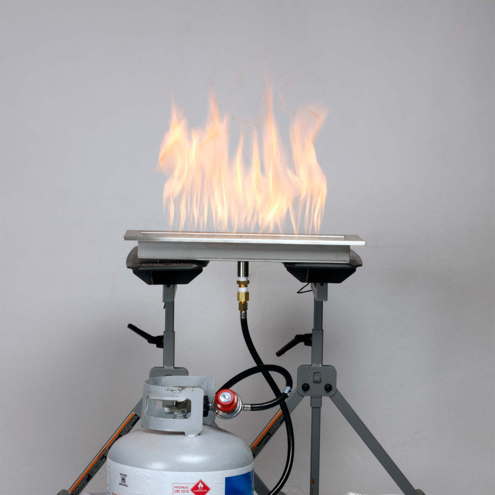 High pressure adjustable regulator installed on a propane tank and burner pan, on a high flame height