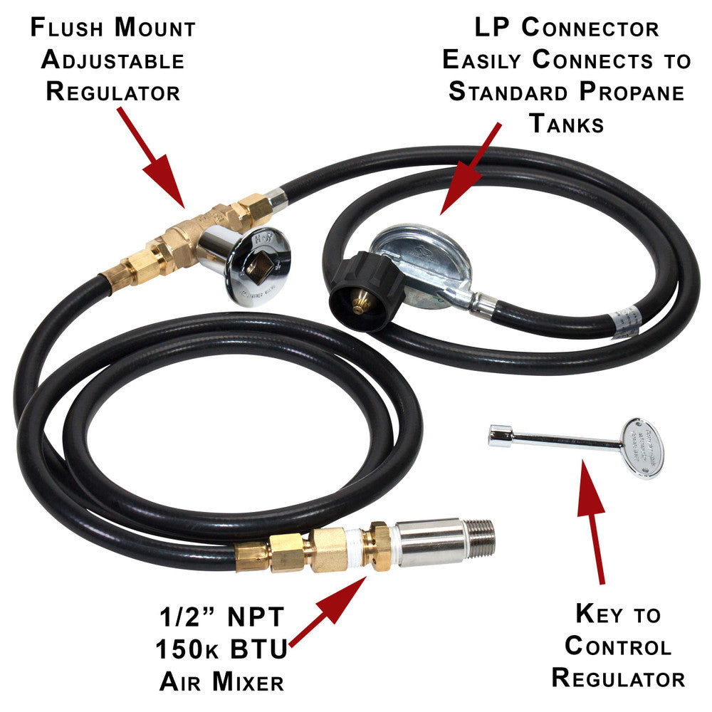 The many parts of a Propane Connection kit for fire pits.