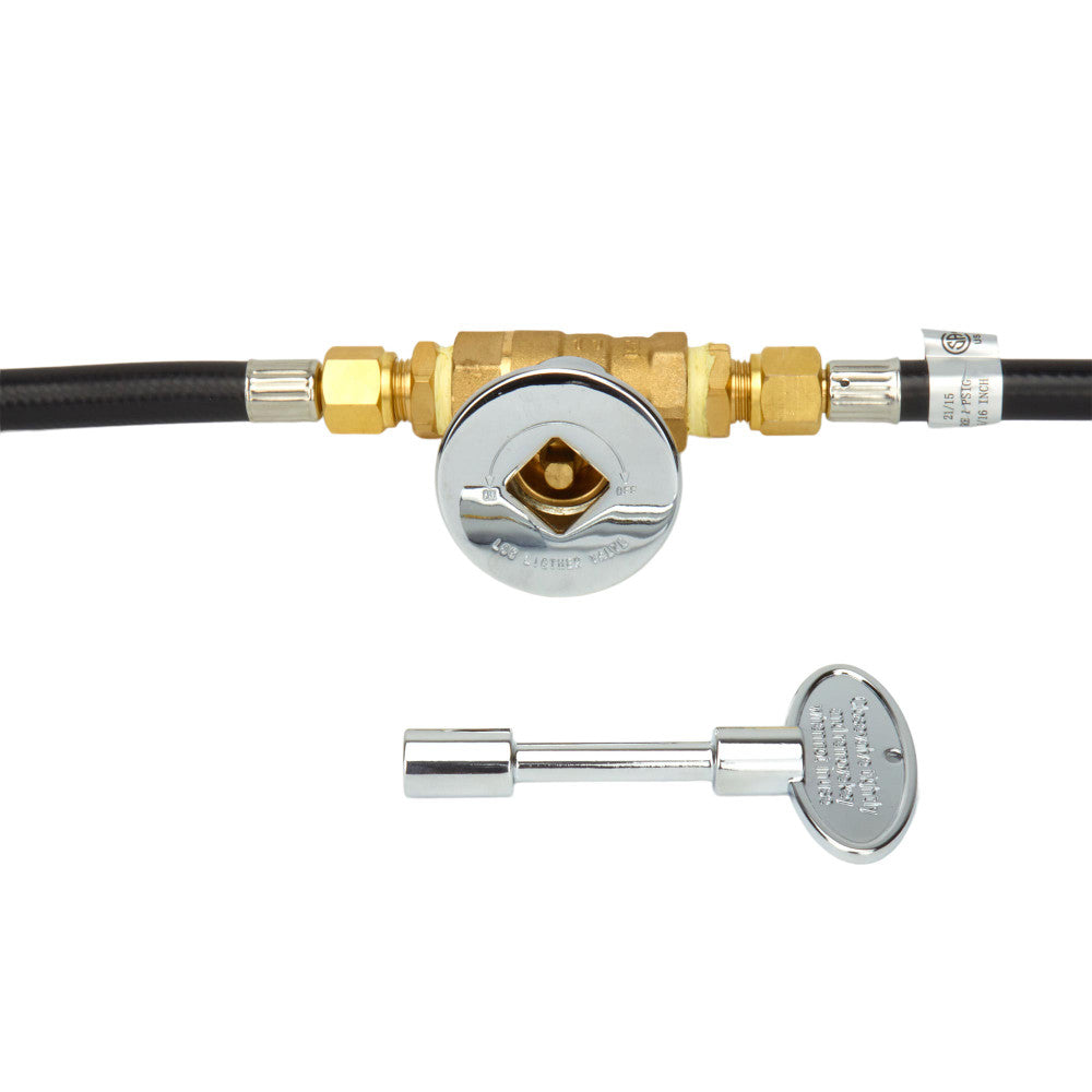 A close up of the key valve for flame control on a propane connection kit.