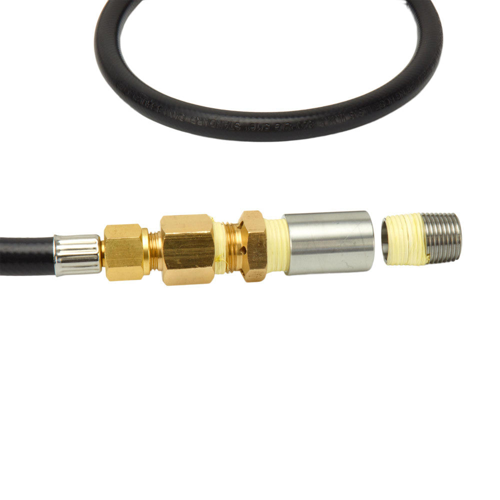 A close up of the air mixer that is included with this kit. The coupler removes turning the end from male to female making an easy connection to your burner.