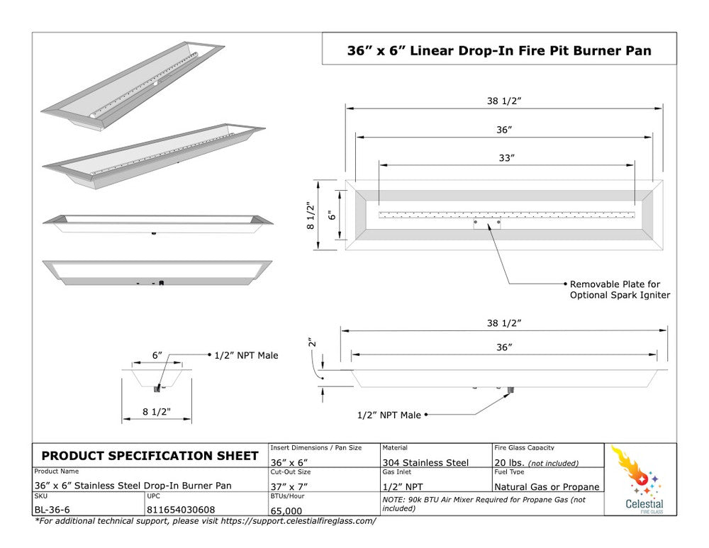 Specifications for 36"x 6" Linear Drop-In Fire Pit Burner Pan