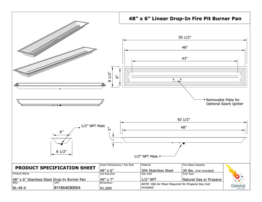 Specifications of 48" x 6" Linear Drop-In Fire Pit Pan