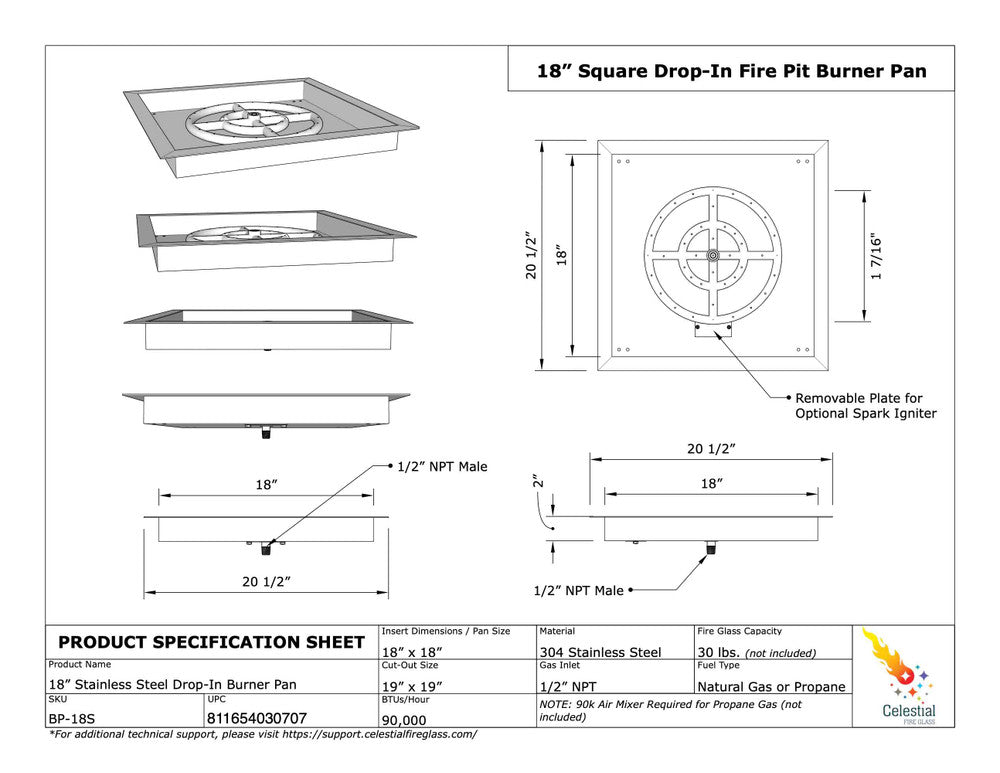 Specifications of 18" x 18" Stainless Steel Drop-In Fire Pit Pan
