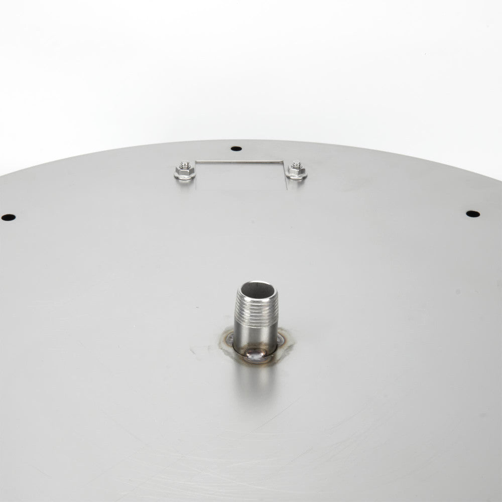 The underside and input of a 19" Round Stainless steel fire pit burner pan