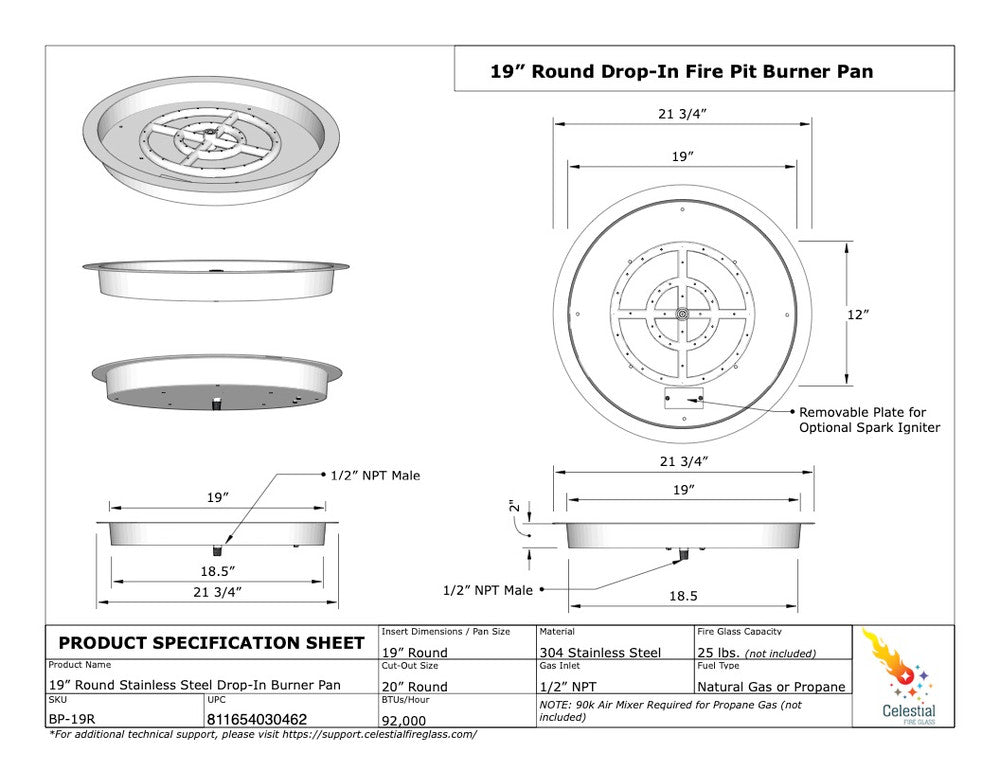 Specifications of 19" Round Drop-In Fire Pit Pan