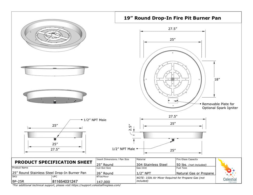 Spec Sheet of the 25" round fire pit burner pan