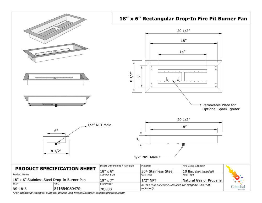 Specifications of 18" x 6" Rectangular Drop-In Fire Pit Pan