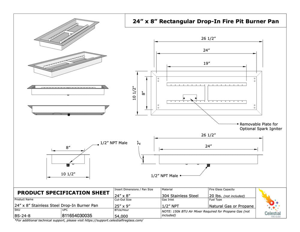 Specifications of 24" x 8" Drop-In Fire Pit Pan