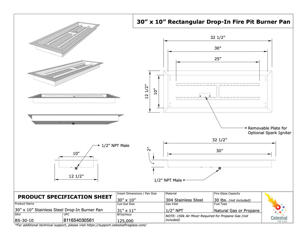 Specifications of 30" x 10" Drop-In Fire Pit Burner Pan