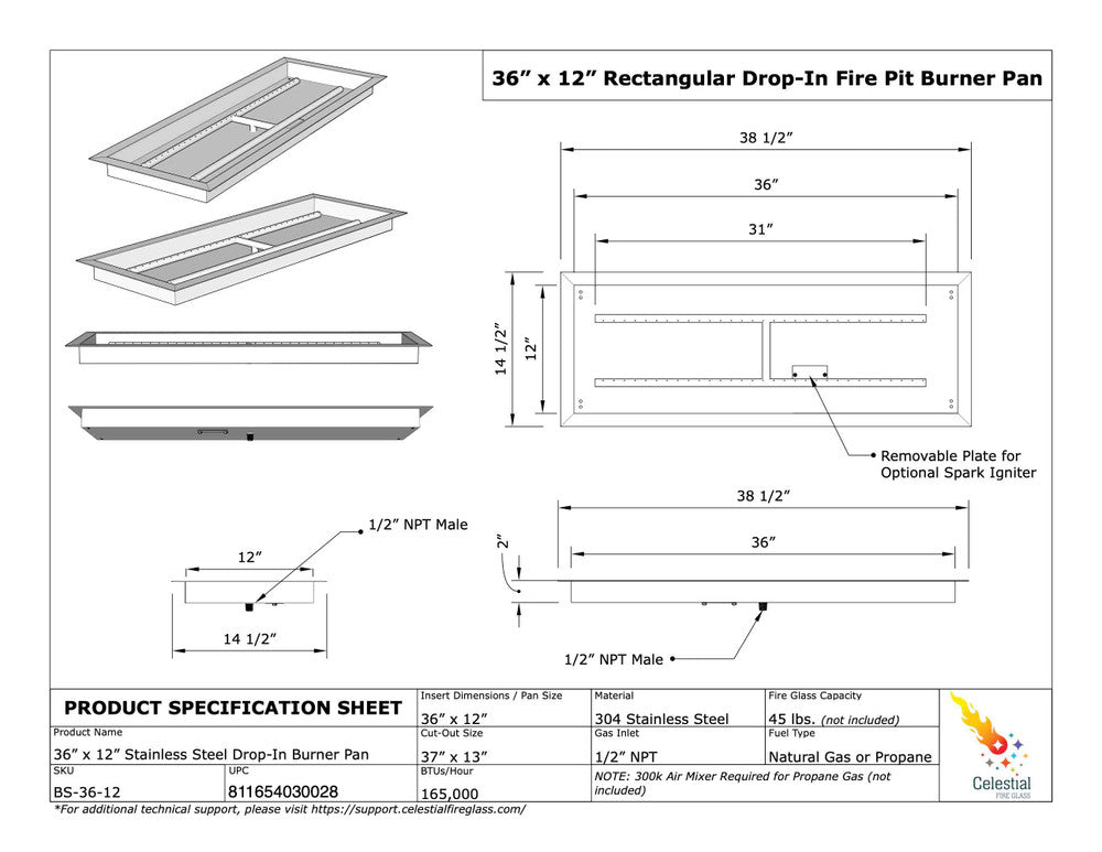 Specifications of 36" x 12" Drop-In Fire Pit Pan