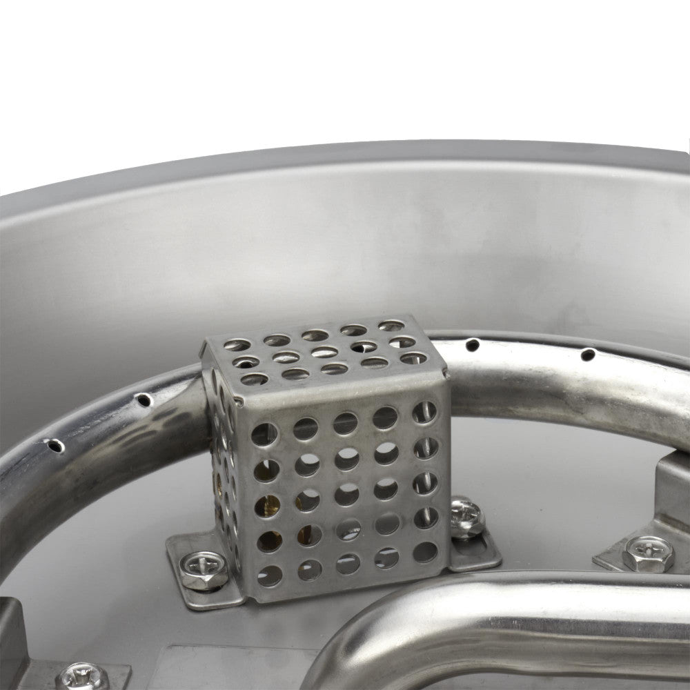 Ignition cage for the thermocouple and spark igniter of a CSA Certified propane fire pit. 