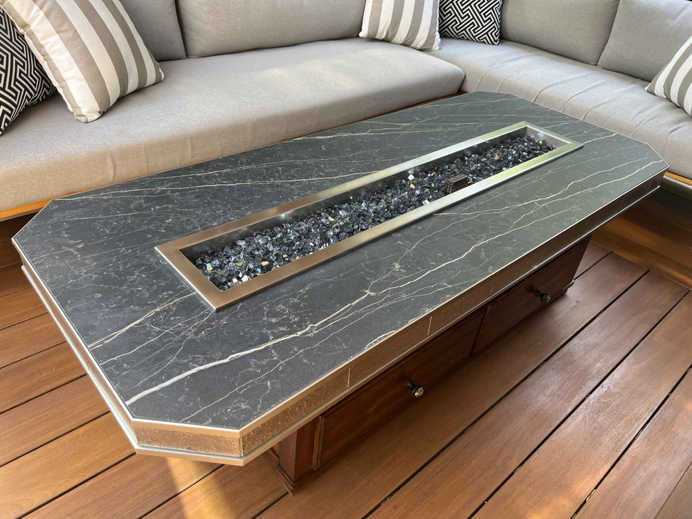 Interstellar Gray Fire Glass in a Porcelain Tile Fire Pit Table