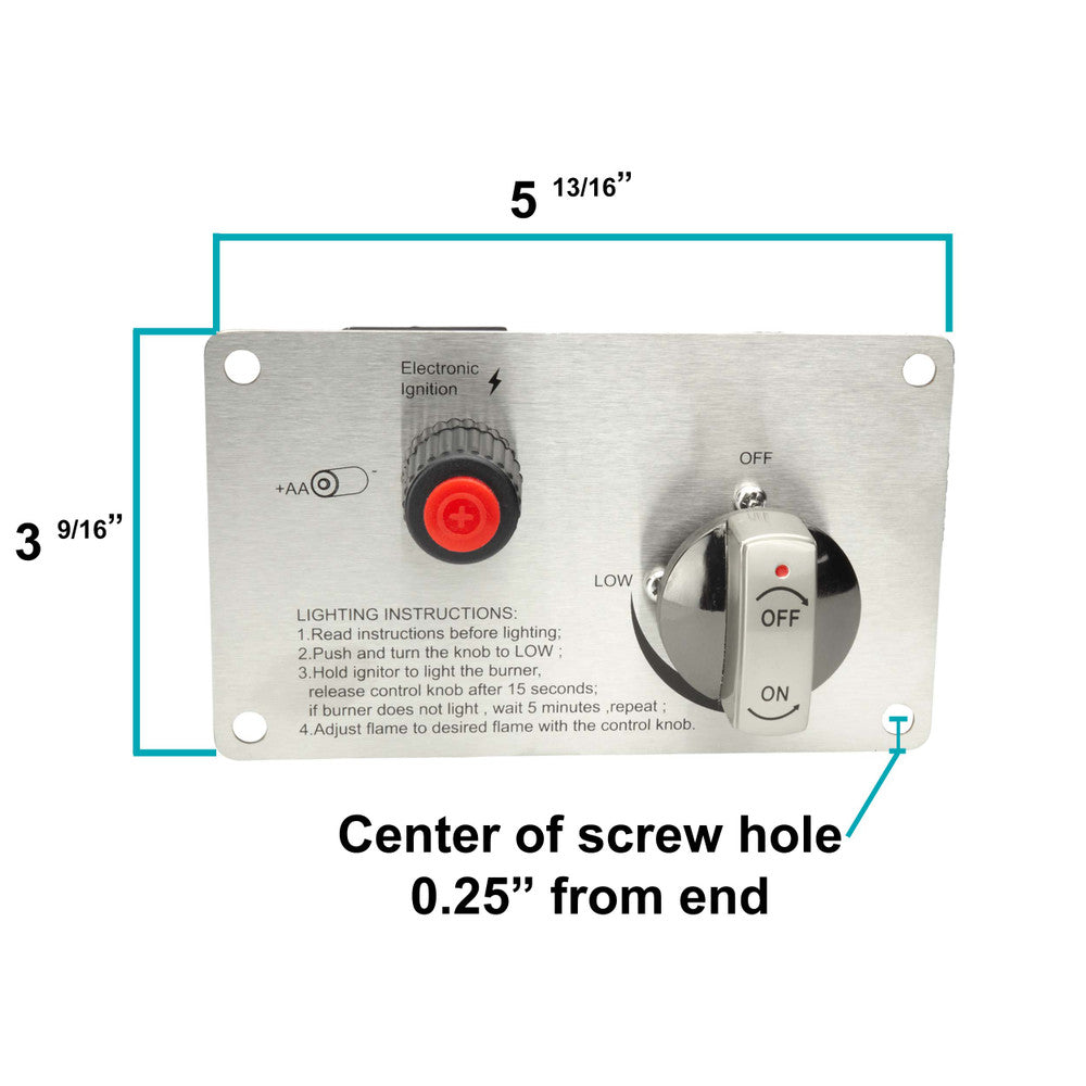 The control panel of our 30" x 10" CSA Certified fire pit kit. Features a push button spark ignition and flame control valve. 