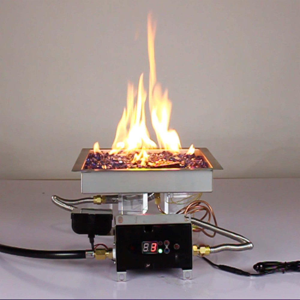Flames from a propane powered 10" square remote control fire kit