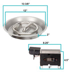 Measurements of our 12" Round remote control burner kit for natural gas