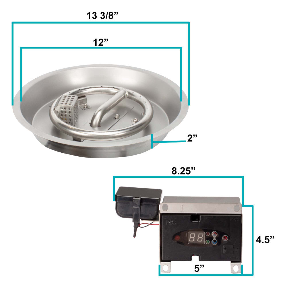 Measurements of our 12" Round remote control burner kit for natural gas