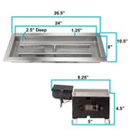 Measurements of our 24" x 8" Remote Control Burner Kit for propane