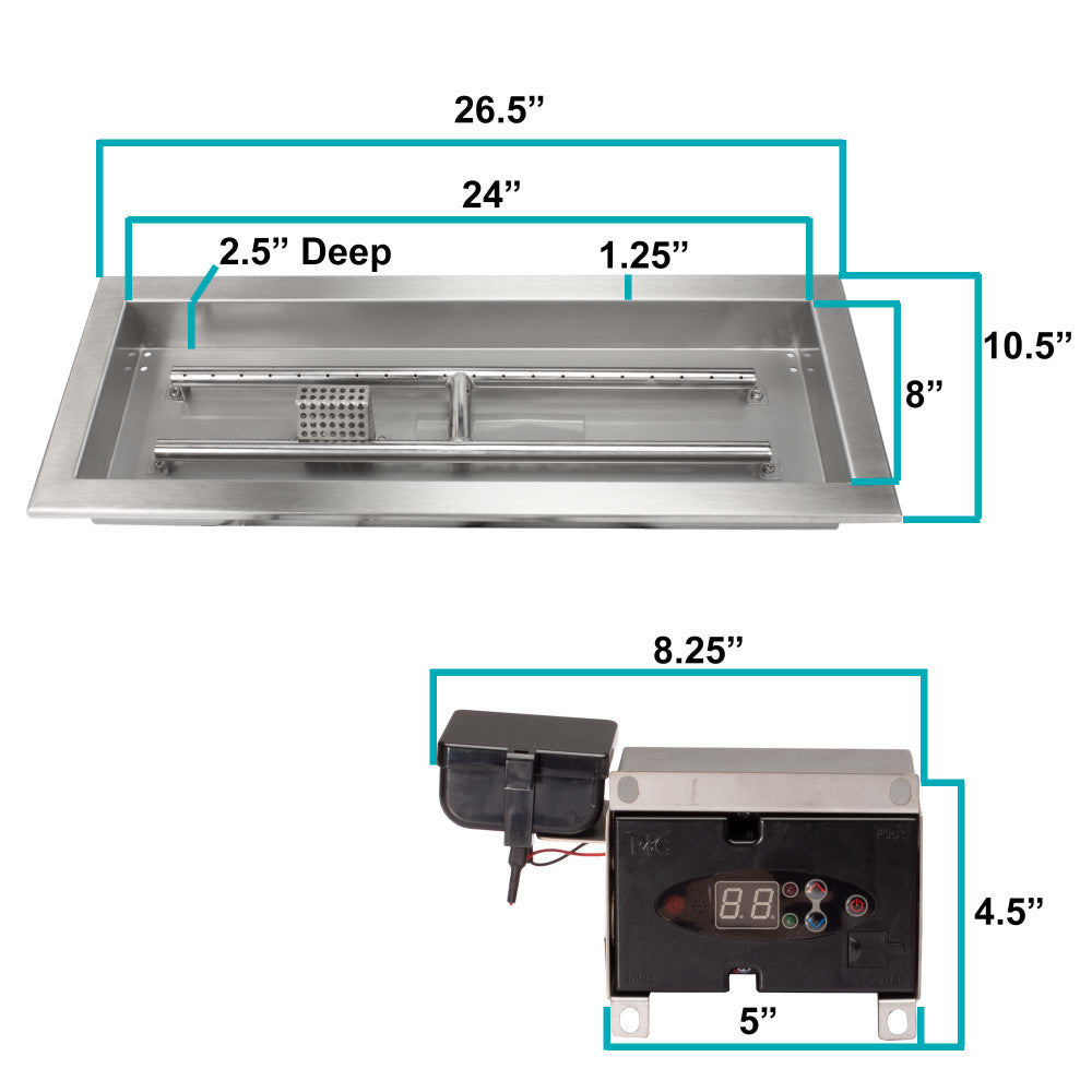 Measurements of our 24" x 8" Remote Control Burner Kit for propane
