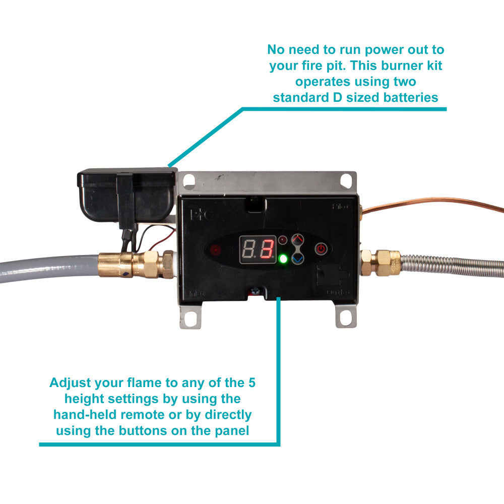 Control panel on a 12" remote control fire pit kit for natural gas.