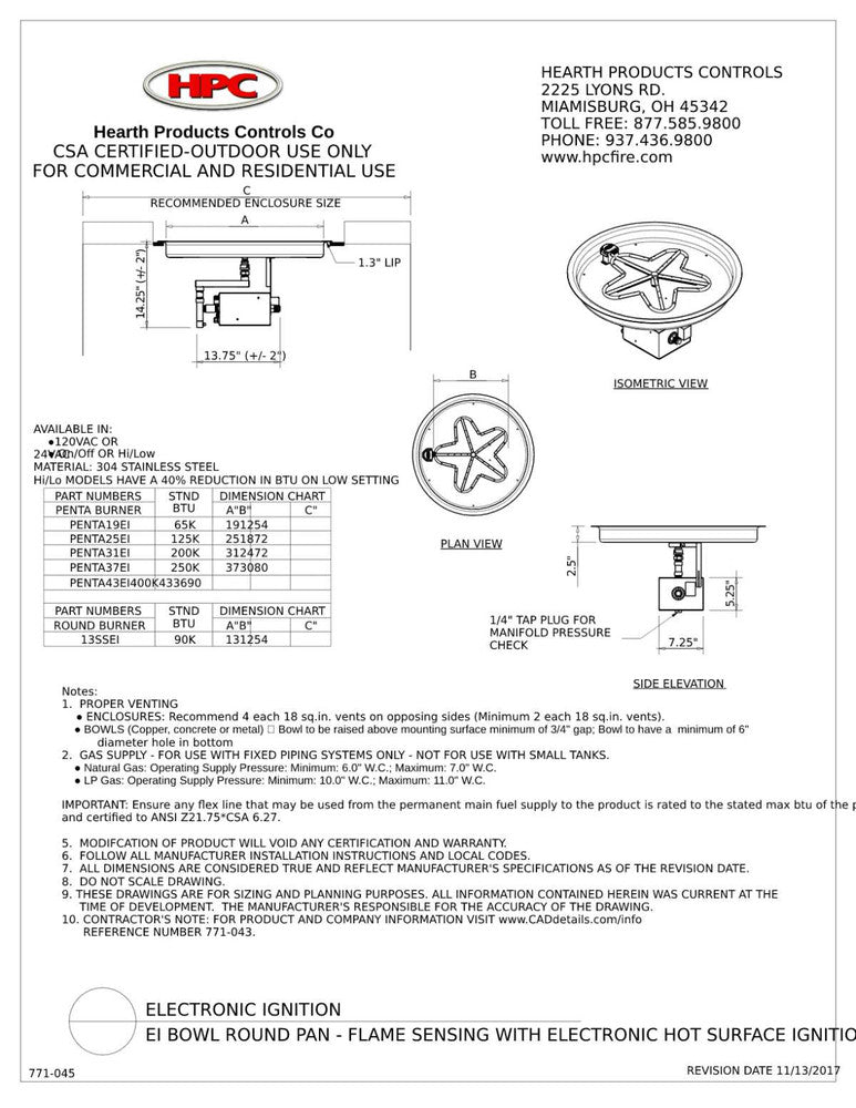 Spec Sheet For HPC Fire 19" Round Remote Start Burner
