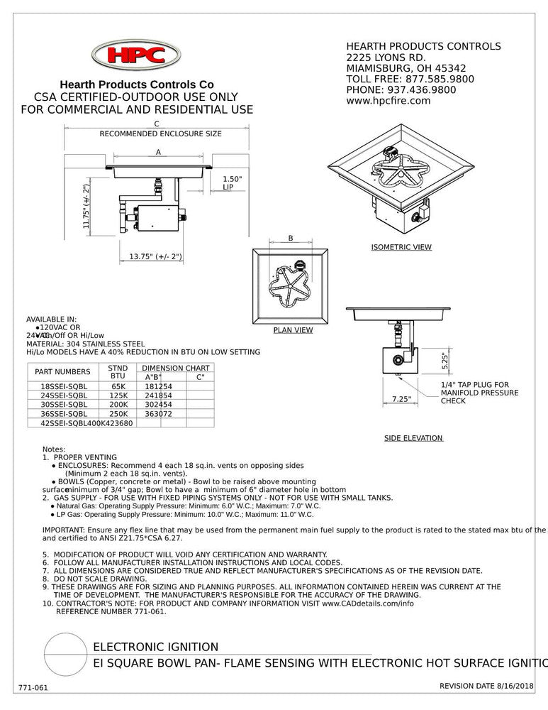 Spec Sheet for HPC Fire 18" Square Remote Start Burner
