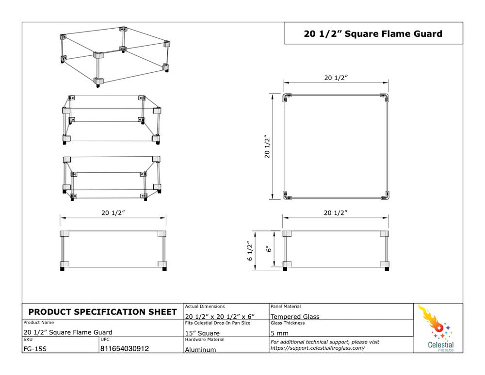 Spec Sheet of the 20.5" square Flame Guard