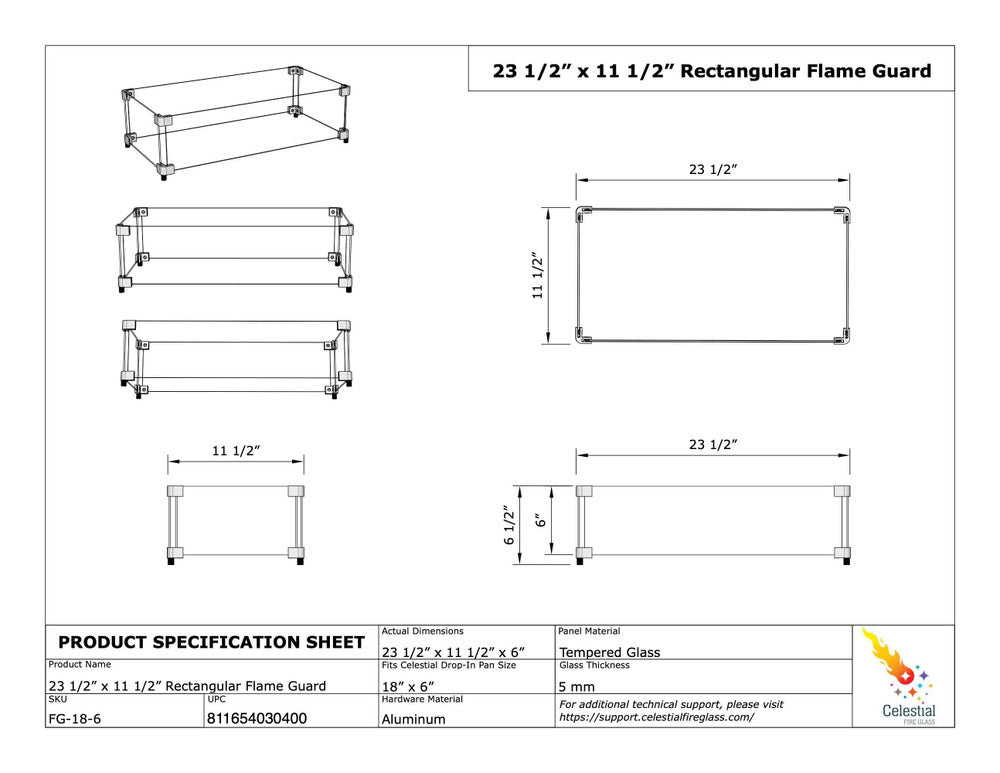 Specifications of Flame Guard for 18" x 6" Rectangular Fire Pit