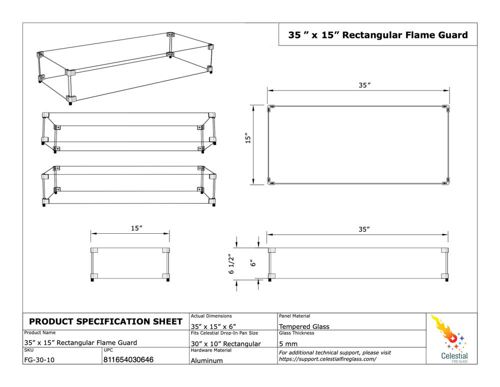 Specifications of Flame Guard for 30" x 10" Rectangular Fire Pit