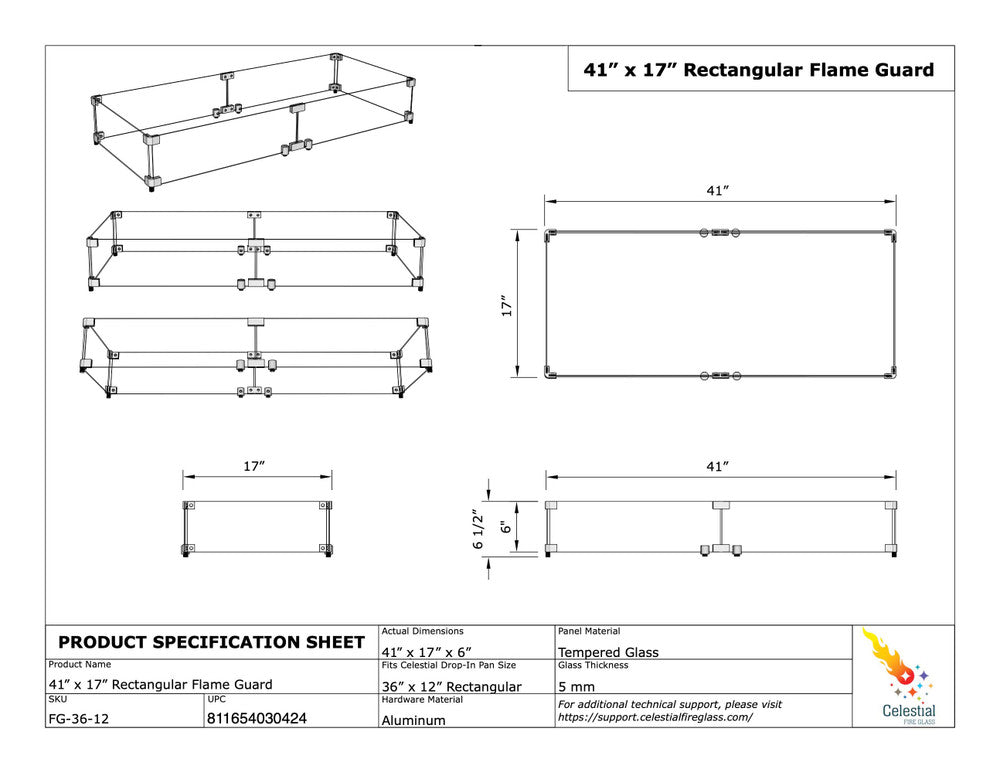 Specifications of Flame Guard for 36" x 12" Rectangular Fire Pit