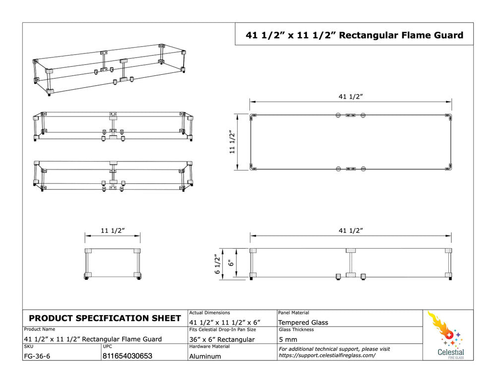 Specifications of Flame Guard for 36" x 6" Rectangular Fire Pit