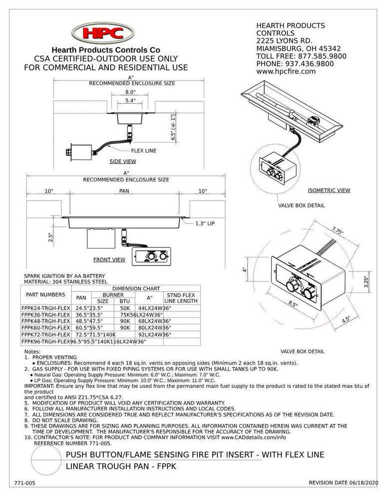 HPC Linear Drop-in Fire Pit Torpedo Burner Kit with Push Button Igniton