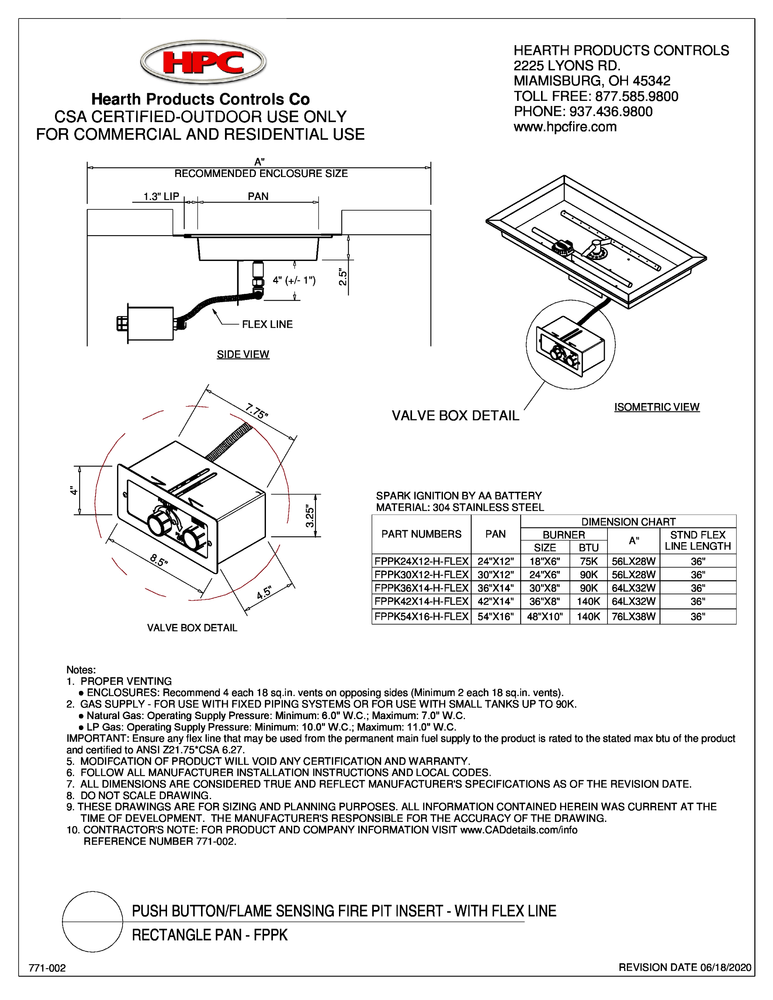 Spec Sheet for HPC Fire 24" x 12" Rectangular Burner
