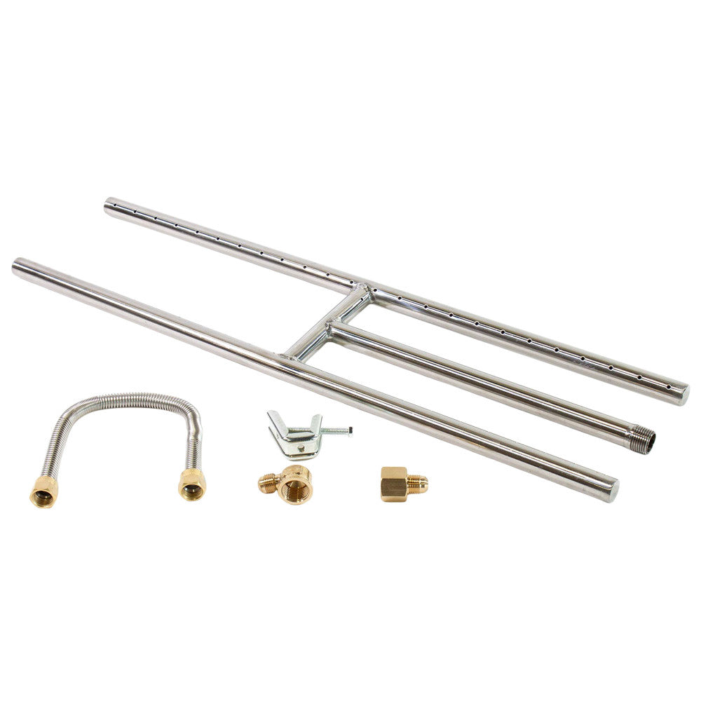 24"x 6" Stainless Steel H-Burner for Natural Gas Fireplace with Brass Fittings