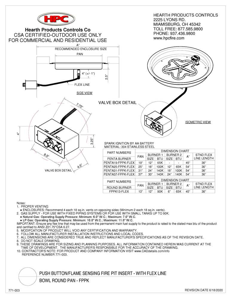 Spec sheet for HPC Fire Round fire pit inserts