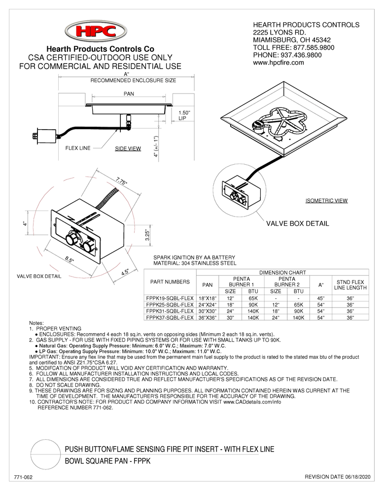 Spec Sheet for HPC Fire 18" Square - Push Button/Flame Sensing Fire Pit Insert