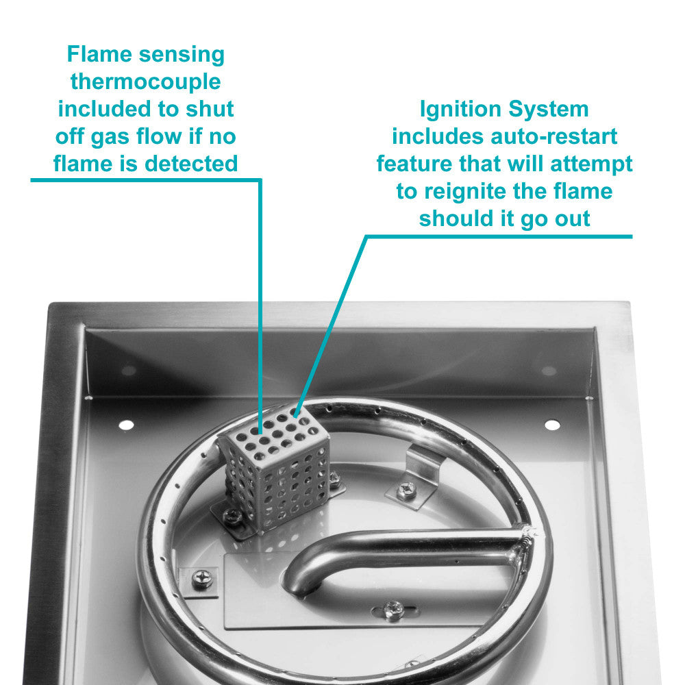 Components of the ignition system on a 10" Square propane fire pit kit