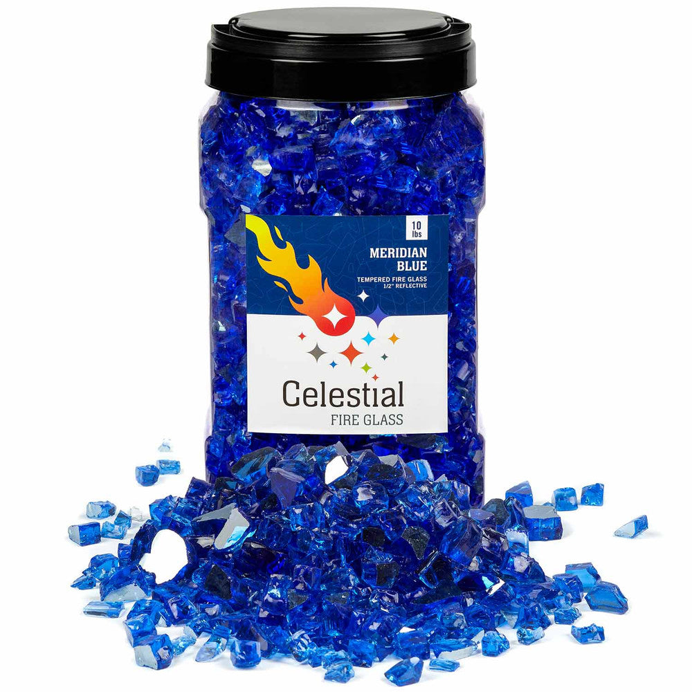 Meridian Blue Tempered Fire Glass - Packaged in Easy to Use Jars.