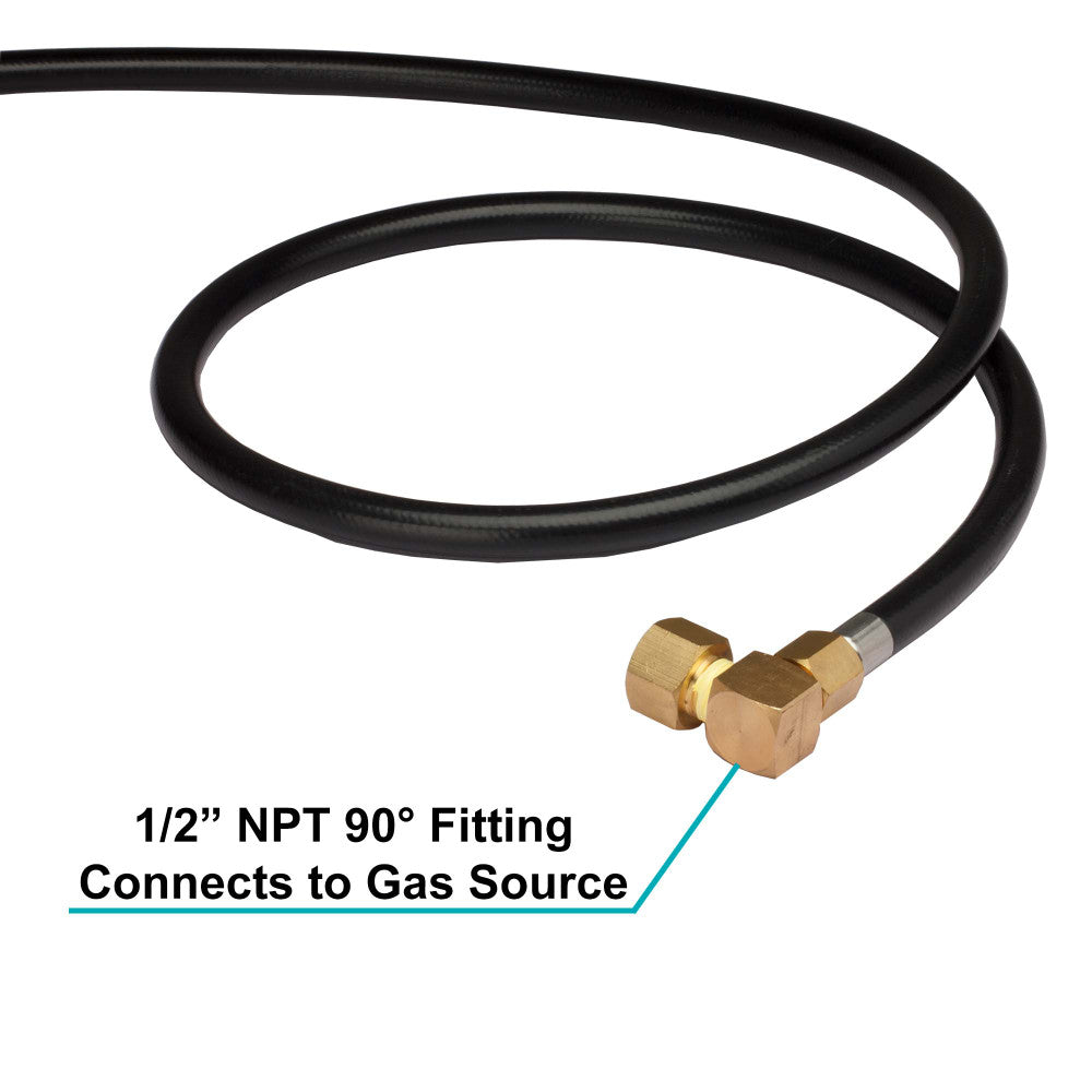 Use the 90° fitting of the 90k btu connection kit to connect to your gas source
