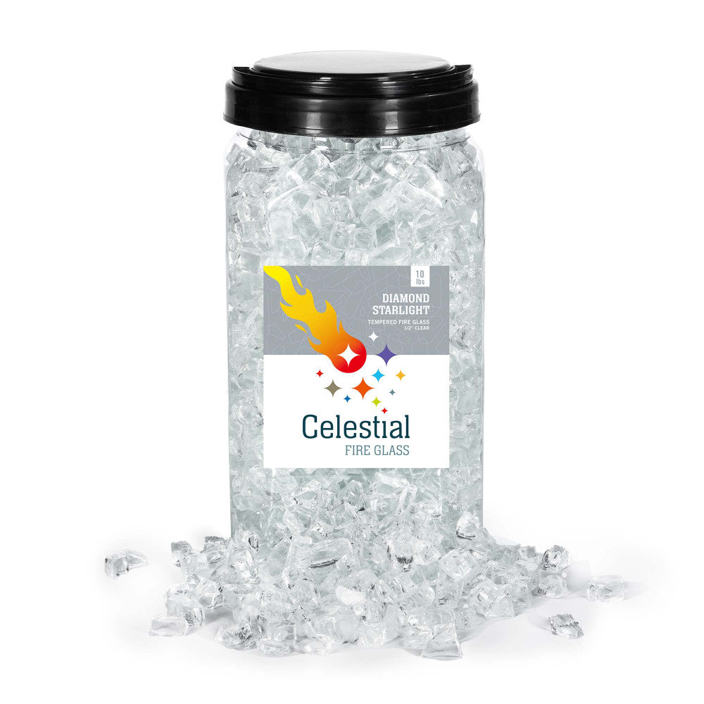 10 pound Jar of 1/2" Diamond Starlight Tempered Fire Glass - white fire glass.