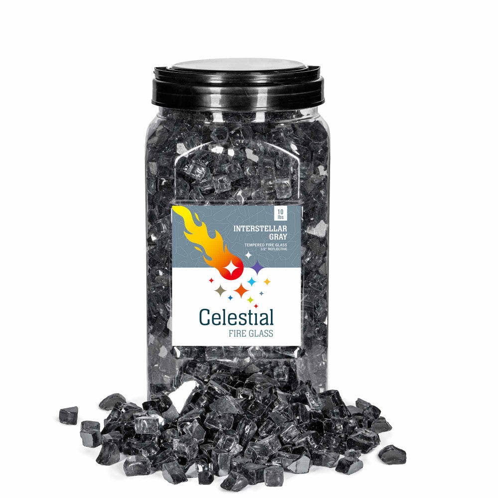 Interstellar Gray Fire Glass in 1/2 inch reflective tempered glass.