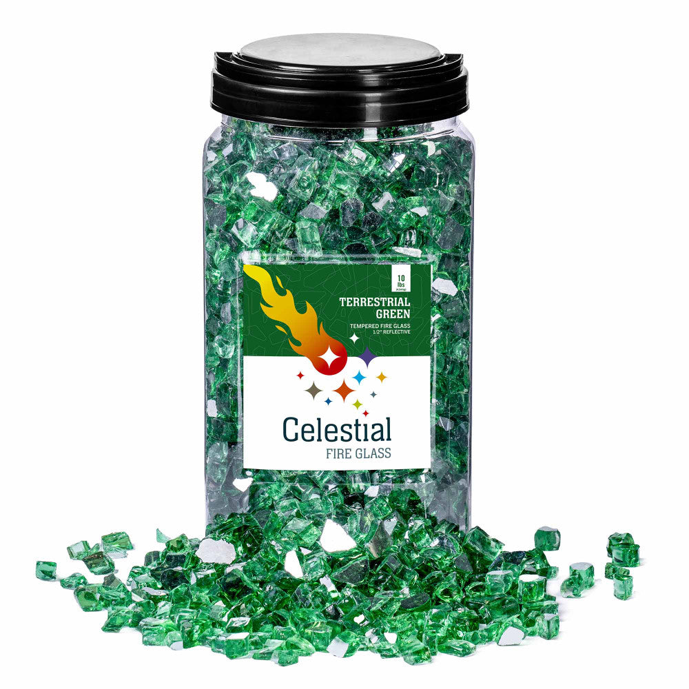 10 lb. Jar of Terrestrial Green 1/2" Tempered Reflective Fire Glass. Green fire glass for fire pit.