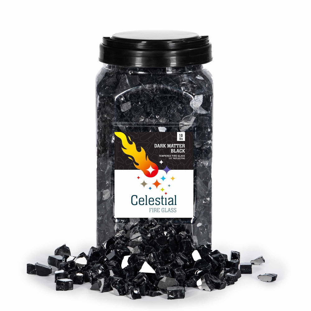 10 pound jar of half inch Onyx Black Reflective Tempered Fire Glass