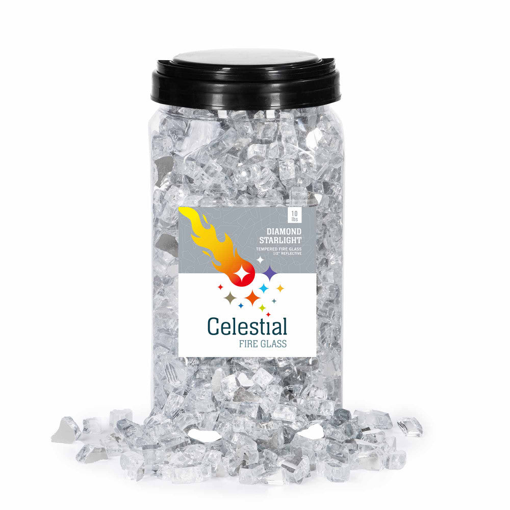 Silver colored reflective fire glass in Diamond Starlight Reflective Tempered Fire Glass.