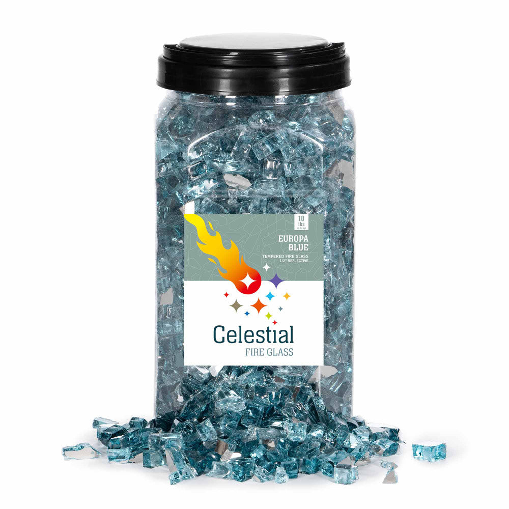 1/2" Tempered Fire Glass in Europa Blue Reflective Comes as a 10lb Jar