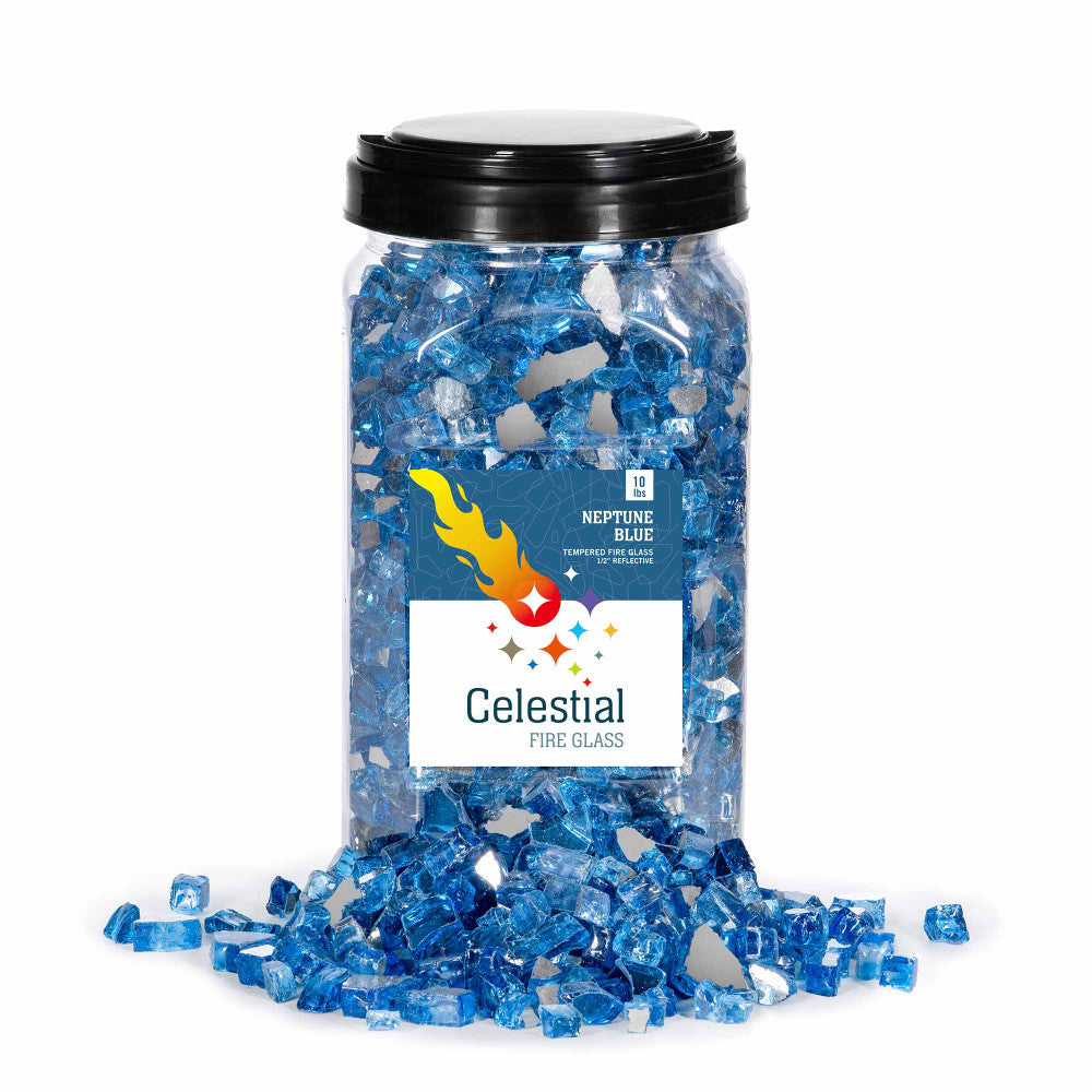 Pacific blue colored fire glass for gas fire pits and fireplaces.