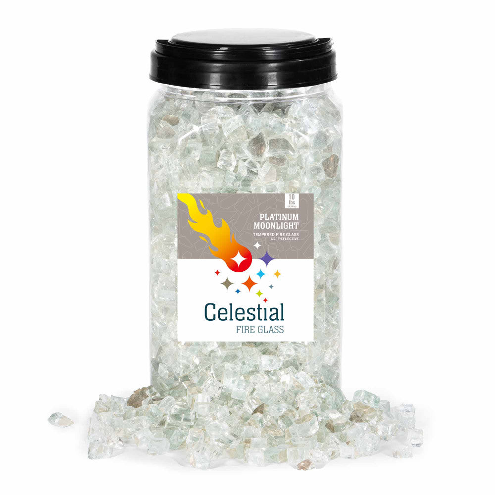 10 lb. jar of Platinum Moonlight reflective 1/2" fire glass