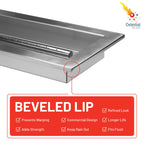 Benefits of the beveled lip and 304 stainless steel in our propane powered 30" x 10" CSA certified fire pit kit. 