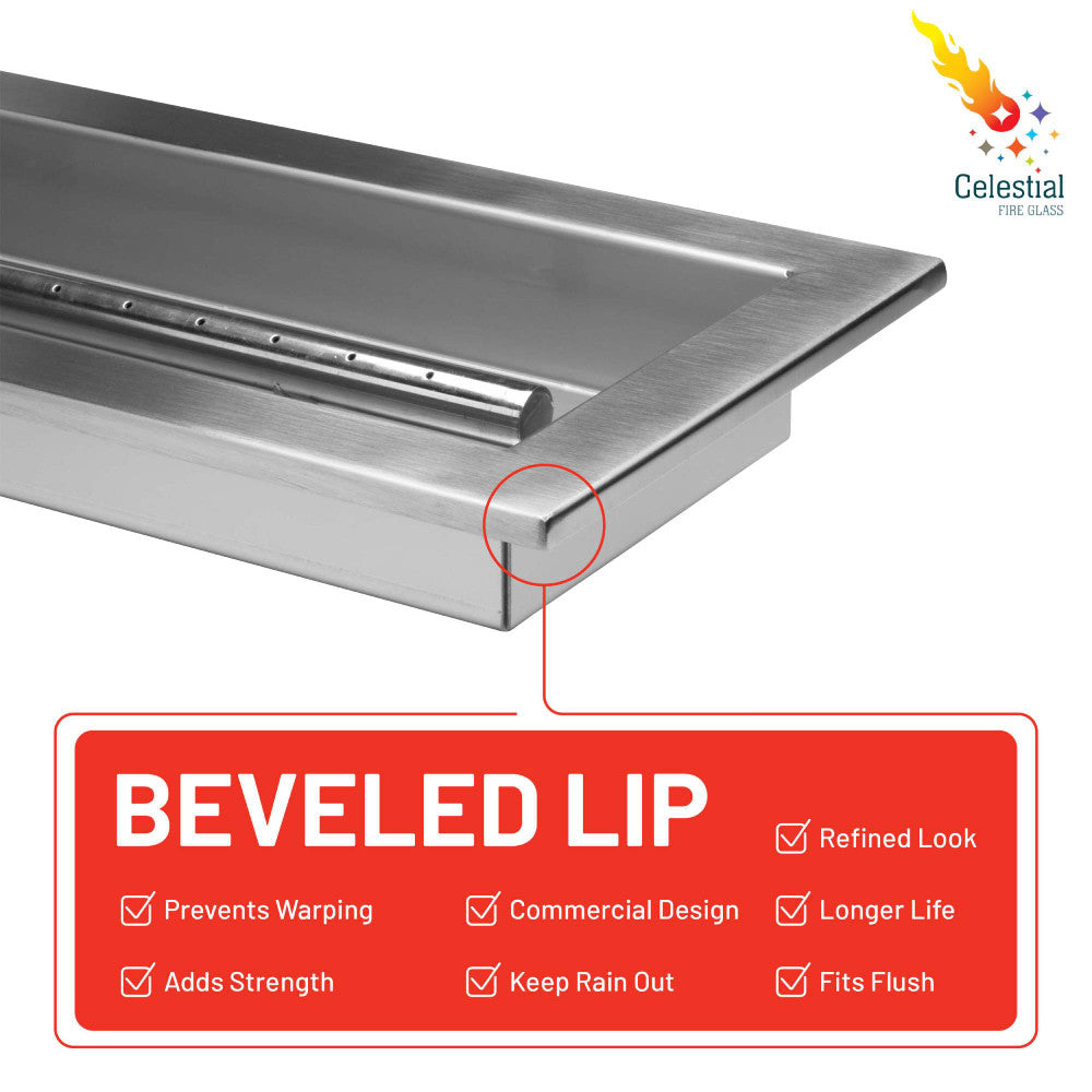 Benefits of the beveled lip and 304 Stainless Steel  in our propane powered 36" x 12" CSA certified fire pit kit. 