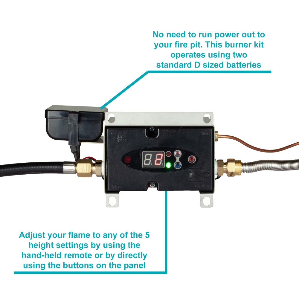 The control panel of a 10" remote control fire pit kit, propane. 